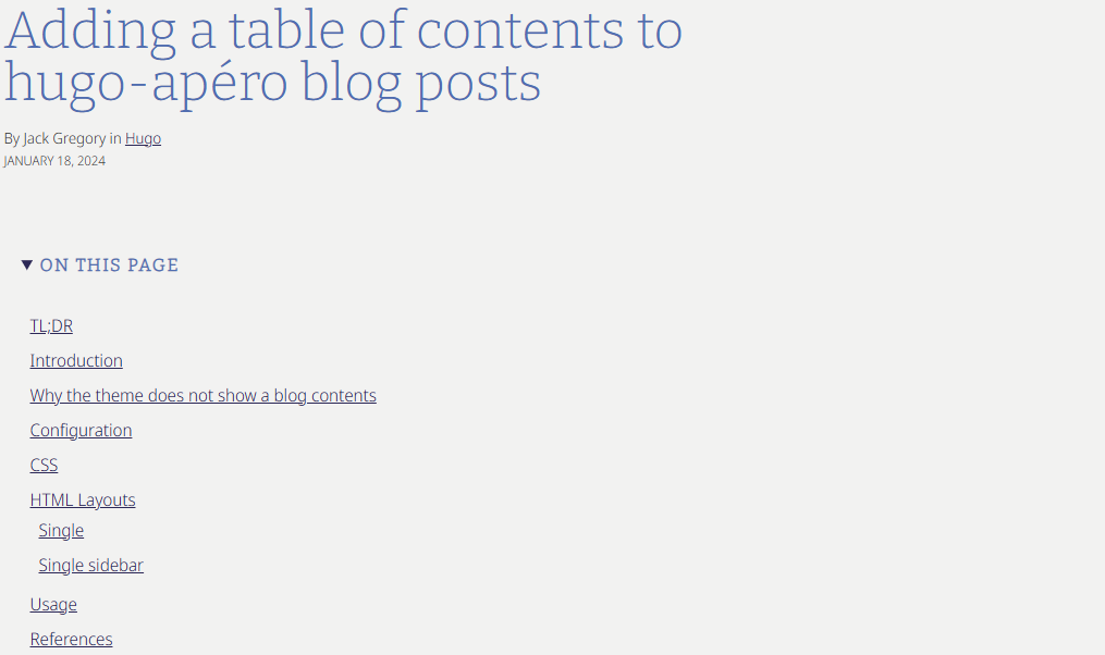 Screenshot: ToC render for single layout