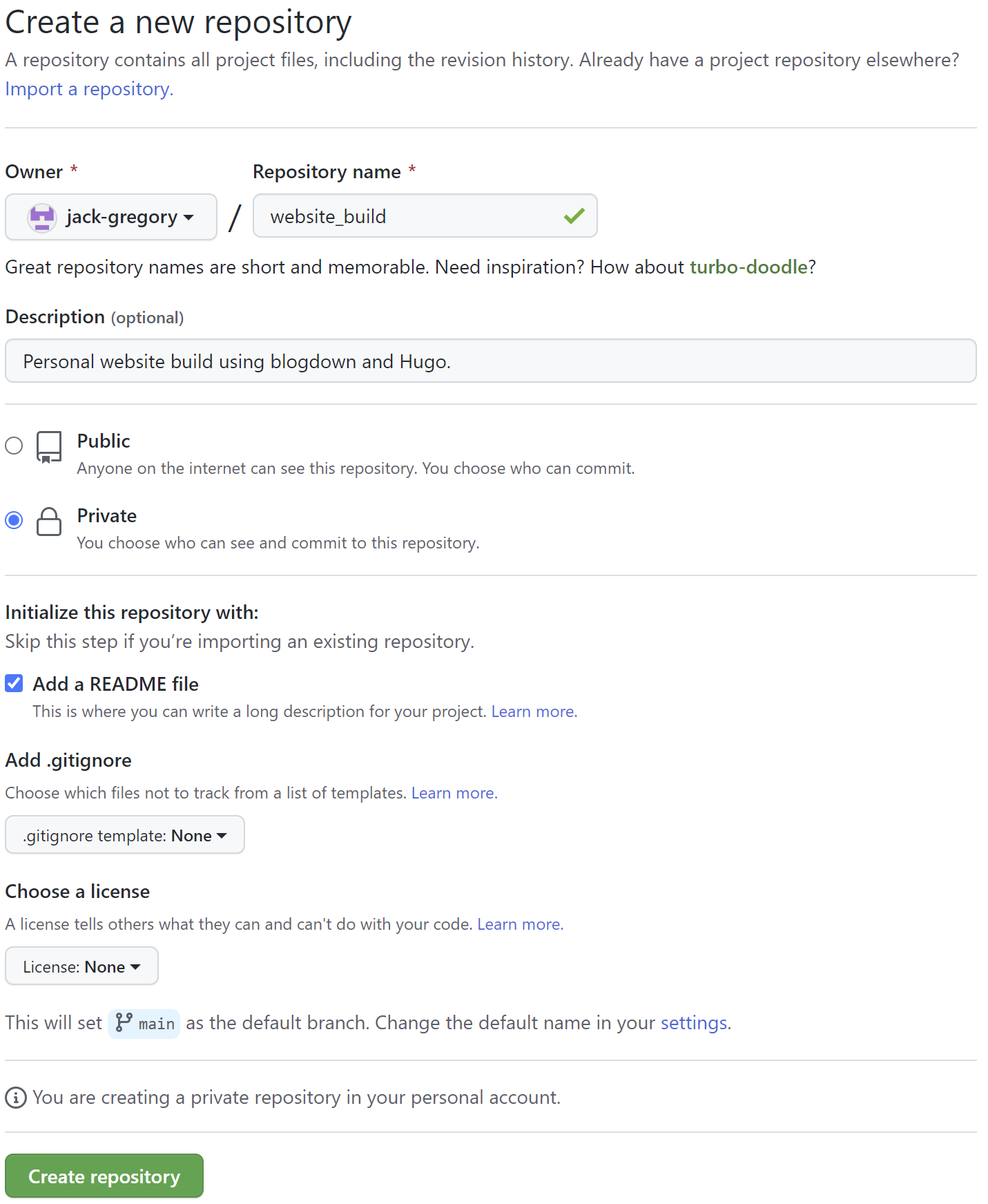 Screenshot: Creating a new repository in GitHub