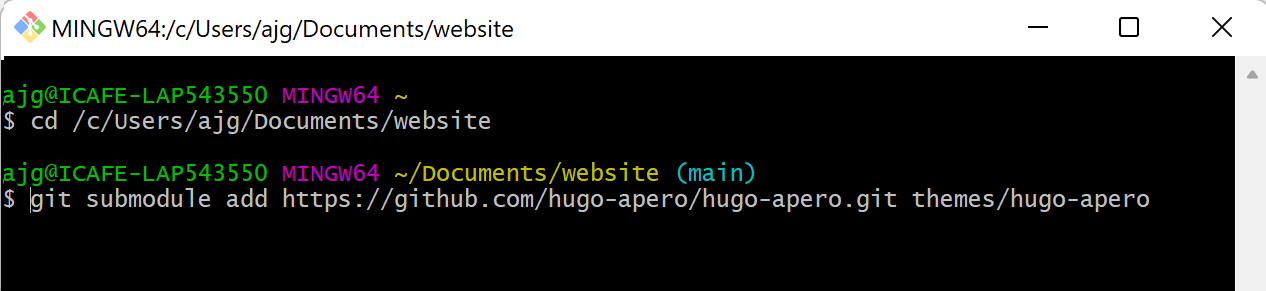 Screenshot: Creating a hugo-aperosubmodule