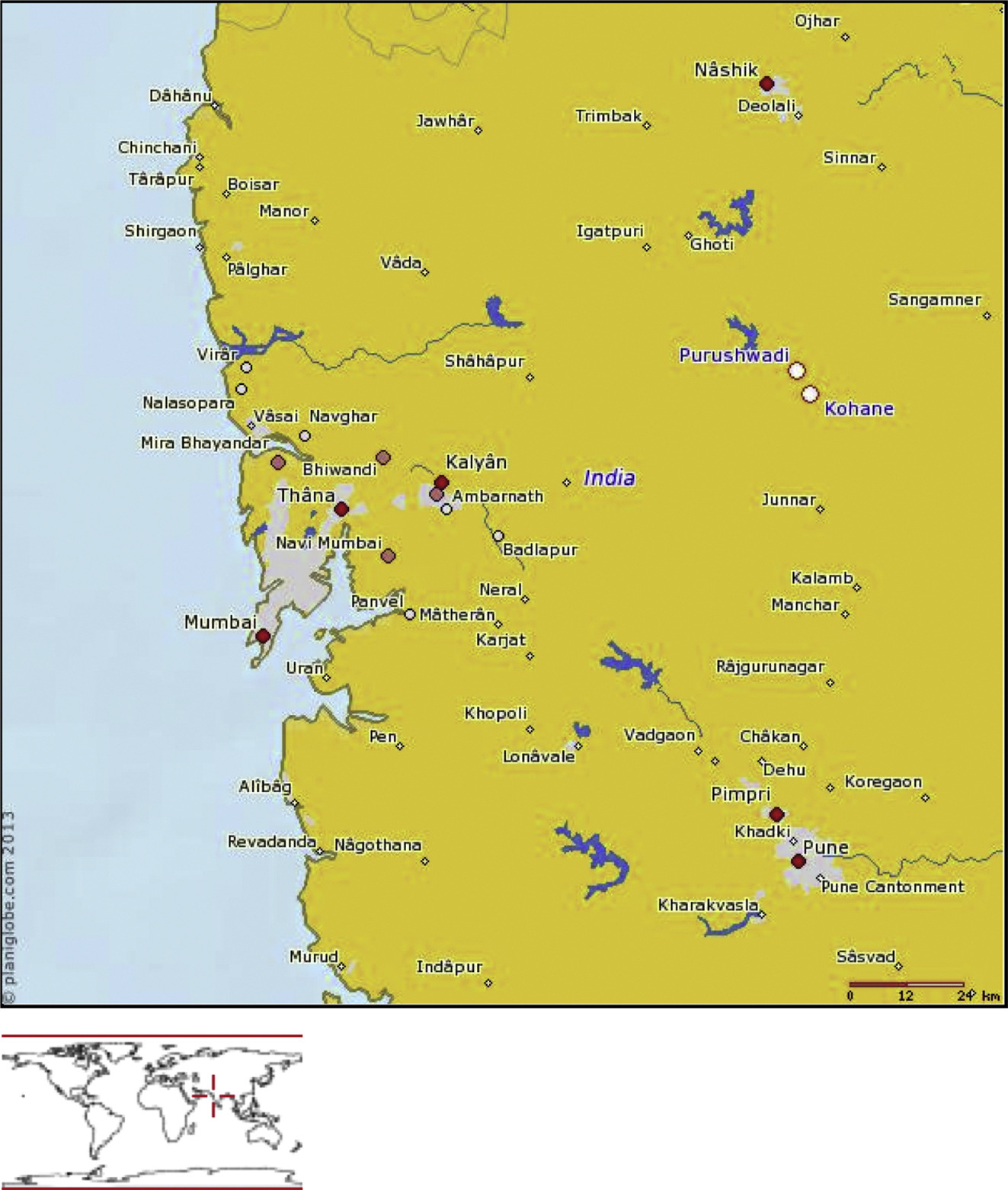 Locations of Purushwadi and Kohane within western Maharashtra, India.